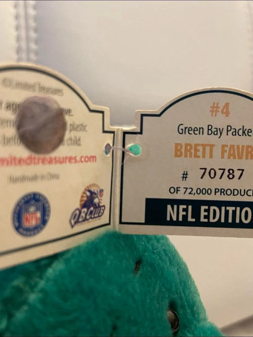 1998 Brett Favre Green Bay Packer Collectable Beanie Bear